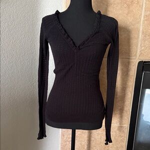 Moda International Black Ruffle V-Neck Long Sleeve Top